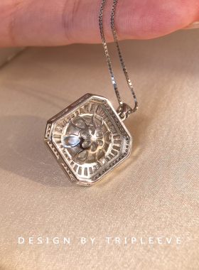 经典日出系列通体s925纯银蓝血澳白珍珠吊坠项链几何排钻满镶气质