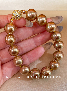 月光彩虹浓茶金！绿紫伴彩南洋金珠仿海水珍珠手链棉线打结手环