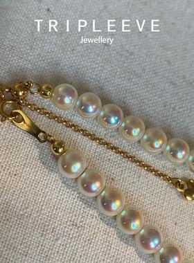 限量版!干枯玫瑰淡金渐变珍珠项链6-8mm塔链南洋浅金珠毛衣链塔链