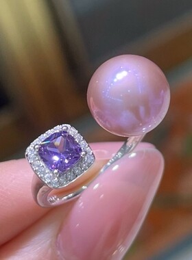 天然淡水紫珍珠戒指，K金工艺纯银版！10—11mm正圆强光无瑕