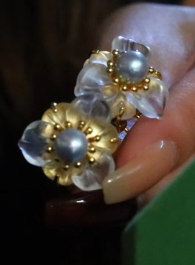 s925银镶白水晶耳拍带针 尺寸21mm 海水真多麻6.5mm