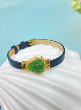 天然碧玉牡丹花真皮手带，裸石尺寸：25x18mm