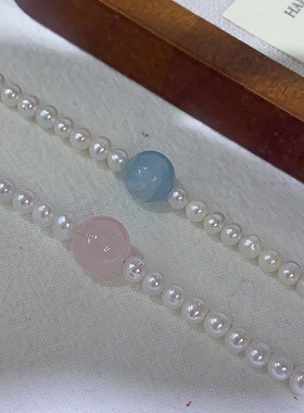 一物一证，水晶珍珠手链4-5mm 搭配海蓝宝 粉水晶适合夏天的颜色