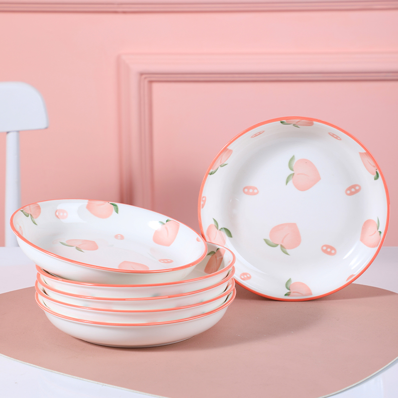 网红水蜜桃圆盘陶瓷装菜盘碟子家用日式餐具8英寸盘6个装