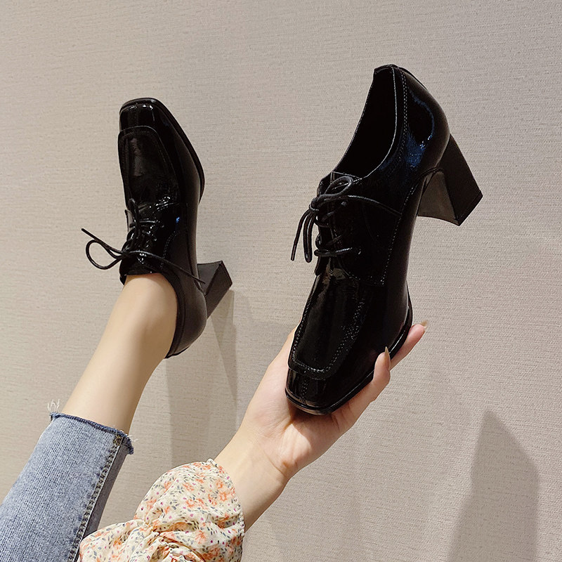 小皮鞋英伦风2024春秋新款方头漆皮粗跟高跟鞋系带深口百搭单鞋女,淘宝优惠券,粉丝福利购,淘宝优惠卷