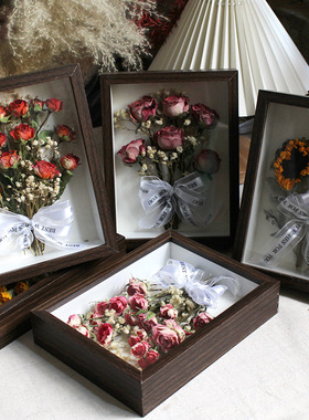 成品胡桃木实木相框玫瑰干花摆件