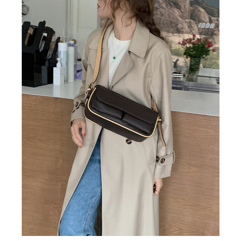 韩国新品自制复古单肩包咖啡色中古腋下包时尚休闲双口袋斜挎包女 - 图2