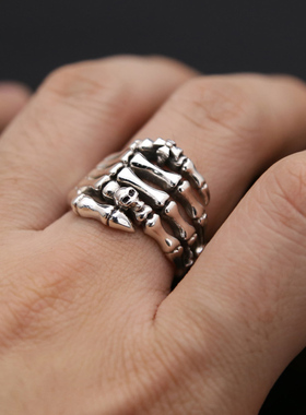 s925纯银欧美朋克鬼爪夸张骷髅头