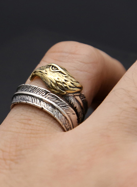 925纯银印第安风羽毛老鹰开口