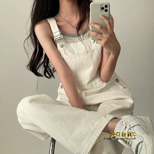 Милый белый джинсовый японский комбинезон для отдыха, ретро штаны, свободный прямой крой