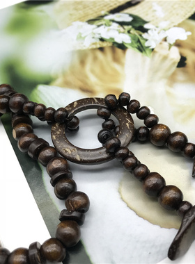 棉麻风棕色超长木项链波西米亚风双层木珠项链民族风服饰necklace