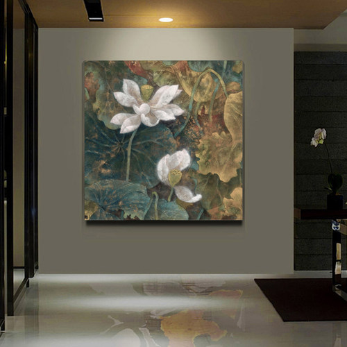 传统中式仿手绘工笔大幅面油画布装饰画  重彩荷花无框画背景画 - 图2