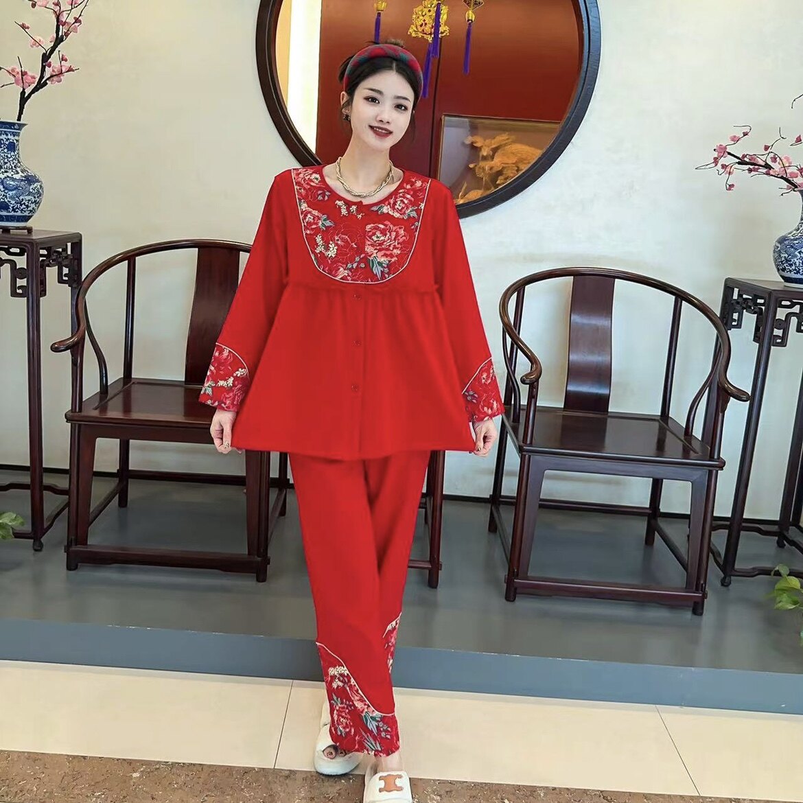 红色睡衣套装女纯棉民族风新年本命年宽松薄款家居服绣花盘扣长袖