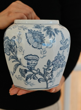 双型芍药冰裂纹八角青花瓷瓶家用客厅装饰摆件入户玄关水培插花器