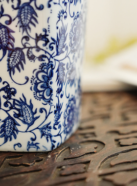 14寸六角太阳花青花瓷瓶满绘釉下彩居家装饰摆件客厅玄关花瓶