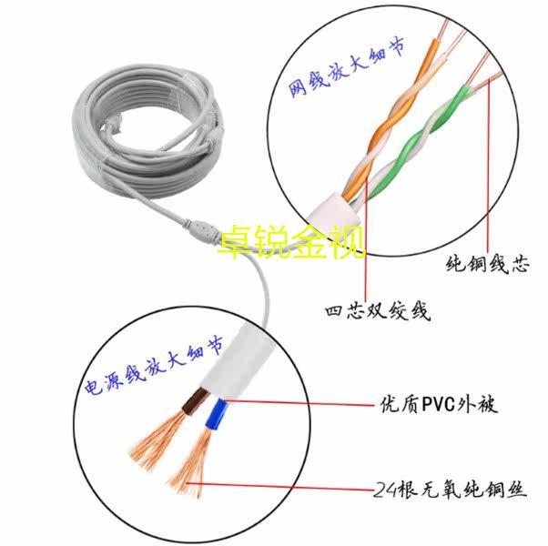 Network two-in-one extension cable 50 meters surveillance network camera 2-in-1 extension bold integrated cable 4-core network cable