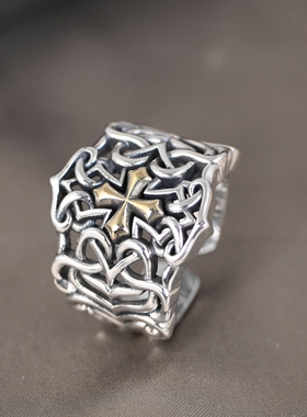 S925银复古做旧金色十字架戒指