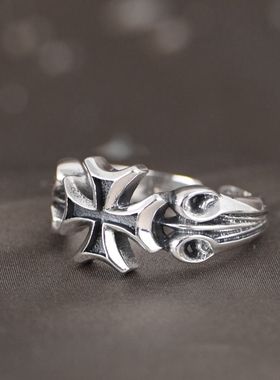 S925银欧美复古铁血十字军花戒指