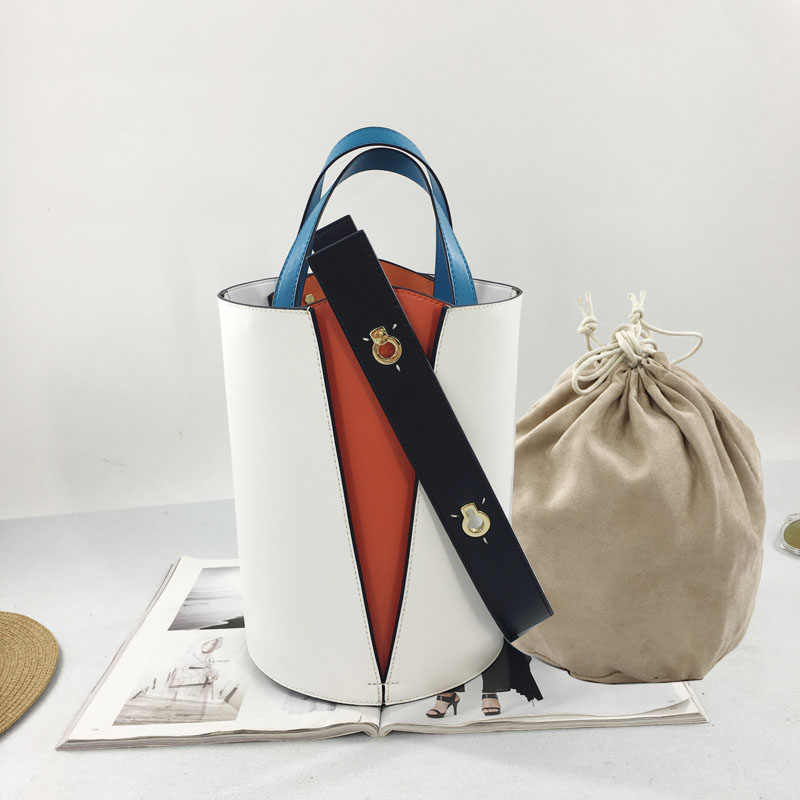 法国小众包包洋气新款2025高级感撞色手提单肩真皮大容量水桶包女 - 图2