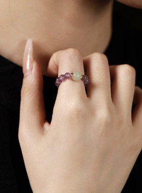 和田玉竹节竹节戒指女男橄榄核紫水晶石榴石时尚个性独特指环小众