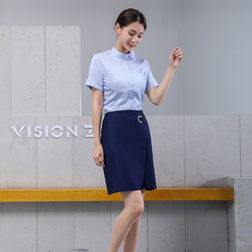 新款中国移动工作服女蓝印花短袖衬衫营业厅公司夏季制服套装衬衣 - 图2