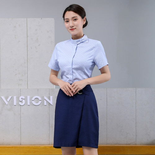 新款中国移动工作服女蓝印花短袖衬衫营业厅公司夏季制服套装衬衣 - 图0