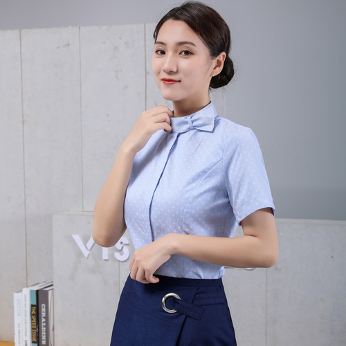 新款中国移动工作服女蓝印花短袖衬衫营业厅公司夏季制服套装衬衣 - 图1