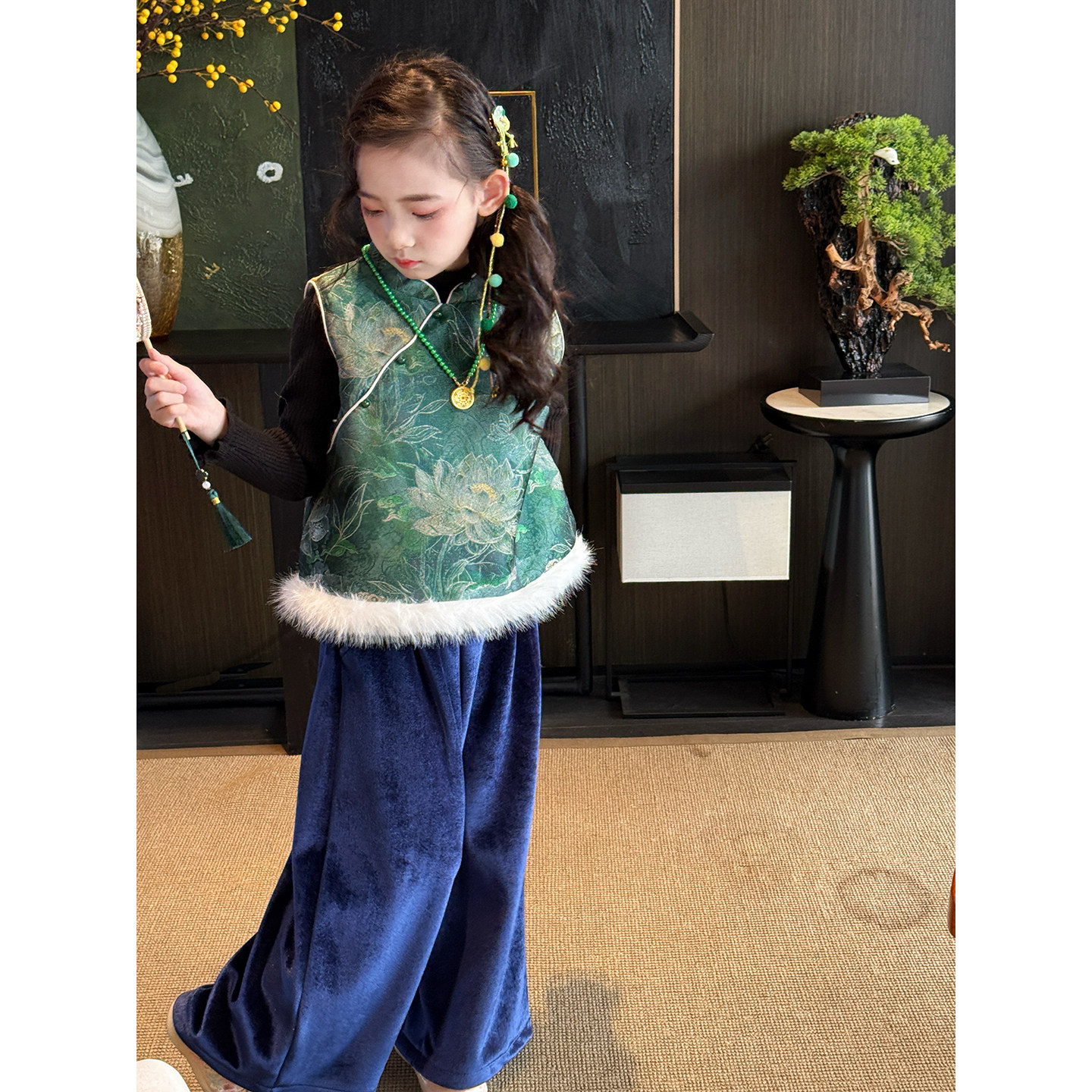 女童汉服2025冬季新款儿童唐装新中式套装女孩国风夹棉马甲阔腿裤,淘宝优惠券,粉丝福利购,淘宝优惠卷