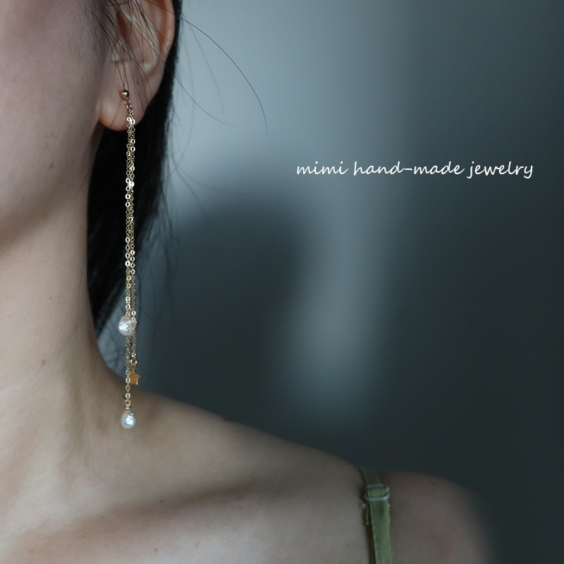 MIMI 原创14K注金天然巴洛克珍珠流苏耳环耳夹长款耳线耳饰耳坠 - 图1