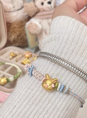 黄金包银手链女黄金色皮杰猪转运珠可爱小猪猪手串编织手绳头礼物