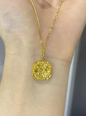 时尚S925纯银镀黄金色项链吊坠拉丝小方糖时尚轻奢锁骨链子银饰品