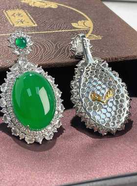 s925纯银新款天然高冰绿玉髓银镶玉翡翠绿色吊坠蛋面时尚颈饰挂坠