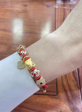 黄金包银饰HelloKitty猫吊坠黄金色粉红手链女KT猫头转运珠红手绳