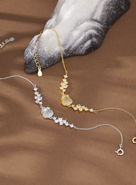 s925纯银镀黄金色新款天然高冰玉髓蝴蝶结葫芦手链女国潮戒指手饰