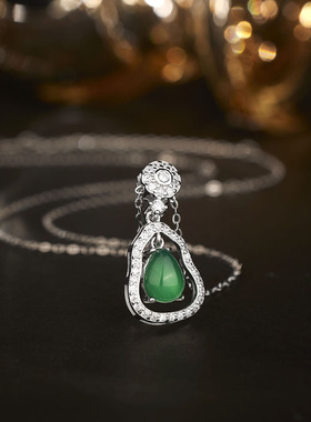 s925纯银首饰新款水滴形绿玉髓葫芦项链翡翠绿色福禄葫芦女锁骨链