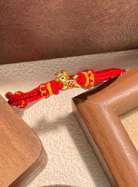 S925纯银镀黄金色马上有钱红手绳手链国潮小马生肖马招财编绳手饰