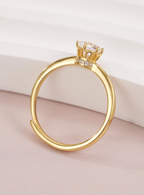 S925纯银镀黄金色一颗小钻女生戒指镶钻锆石简约闪亮开口设计指环
