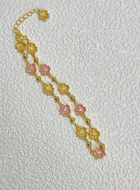 s925纯银镀黄金色新款时尚珐琅粉红色桃花朵手链女精致高级感手饰