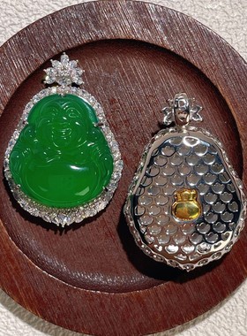 s925纯银天然高冰种绿玉髓佛公吊坠翡翠帝王绿色弥勒佛阳绿挂坠女