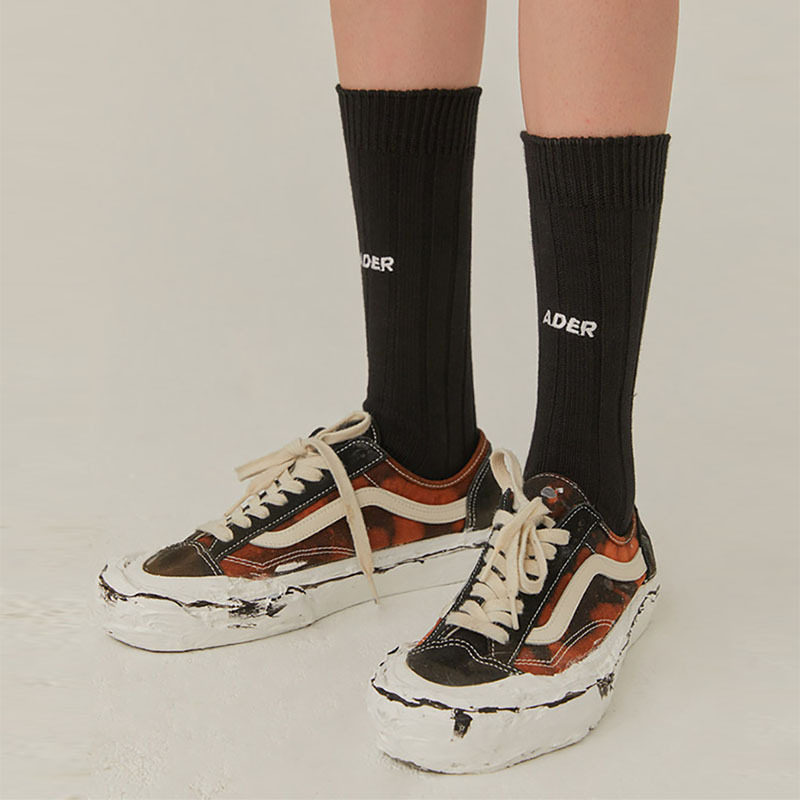 皱巴巴粗线英文字母刺绣ader袜子男加厚运动街头潮流女时尚中筒袜