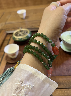 新疆和田玉碧玉圆珠串6mm菠菜绿辣绿色手链108颗手串项链送证书