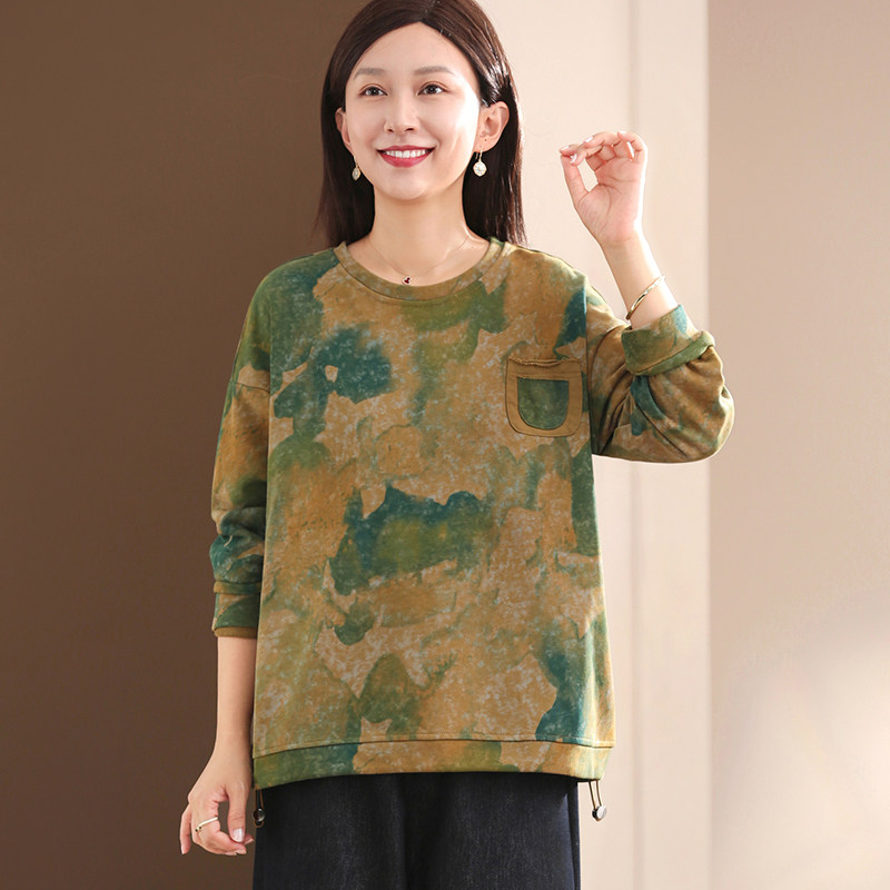 孔雀飞飞2025秋装新款韩版大码遮肉时髦复古印花套头春秋休闲卫衣,淘宝优惠券,粉丝福利购,淘宝优惠卷