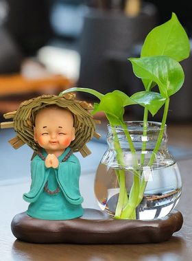 草帽和尚家居摆件玻璃瓶水养植物