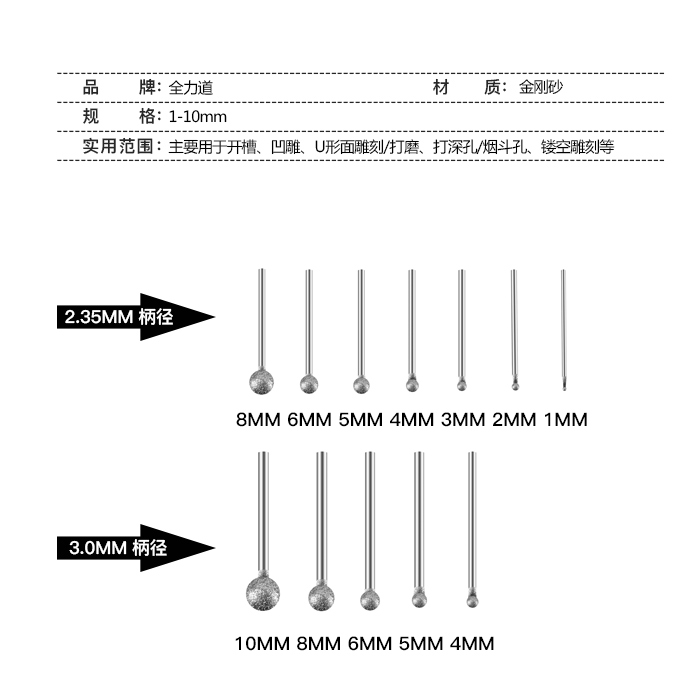 圆磨头球形金刚砂磨头打磨棒玉石打磨雕刻金刚石内圆倒角磨头F针 - 图0