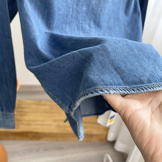 美式复古软牛仔双口袋衬衫磨破设计水洗磨白衬衣翻领叠穿百搭女装