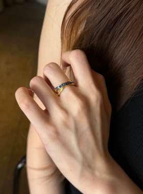 千夕 足金999蓝钻交叉排戒黄金戒指女款求婚情人节生日礼物送女友