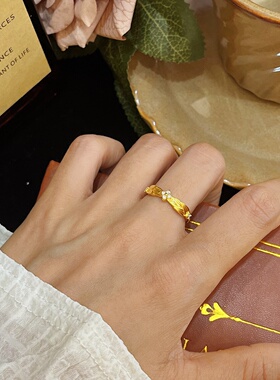 千夕 足金9996D点钻树叶戒女款黄金戒指送女友七夕情人节生日礼物