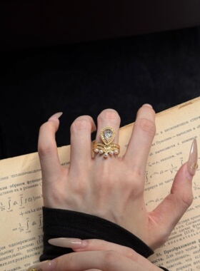 千夕足金999水滴皇冠珍珠戒黄金戒指女款情人节生日礼物送女友