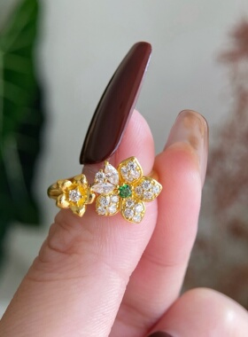 千夕 足金999绿宝繁花戒指黄金戒指女款求婚情人节生日礼物送女友