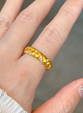 千夕 足金999编织麻花黄金戒指求婚女款时尚情人节生日礼物送女友